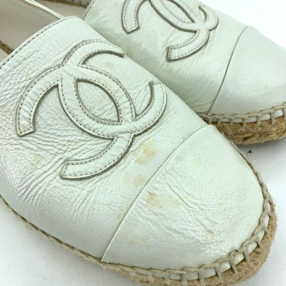 Chanel White Leather Espadrilles Size 37 Double C Logo With Jute Sole Made In Sp - Picture 2 of 9